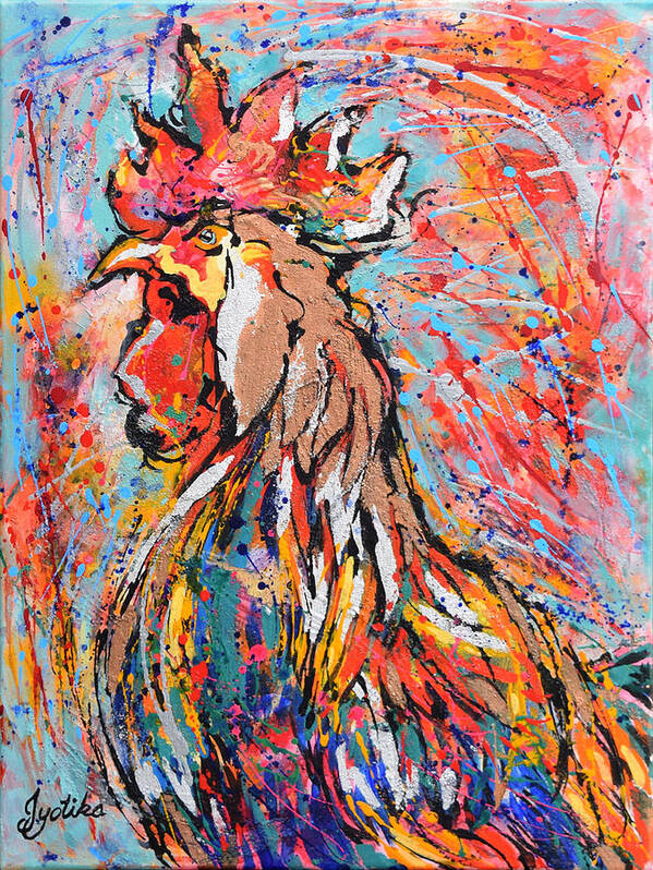 Rooster Poster featuring the painting Red Crown Rooster by Jyotika Shroff