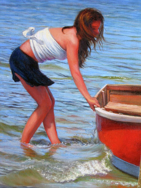 Girl At Shore Poster featuring the painting Red Rowboat by Marie Witte