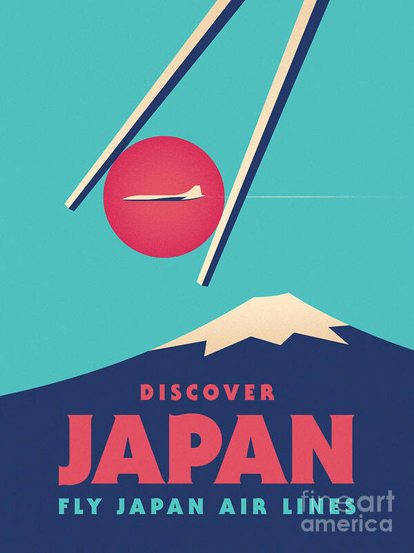 Japan Chopsticks Fuji Illustration Mountain Mt Fuji Poster Retro Sushi Tourism Travel Vintage Poster featuring the digital art Retro Japan Mt Fuji tourism - Cyan by Organic Synthesis