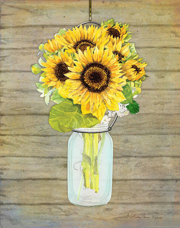 Watercolor Poster featuring the painting Rustic Country Sunflowers in Mason Jar by Audrey Jeanne Roberts