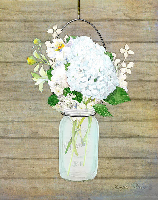 White Hydrangea Poster featuring the painting Rustic Country White Hydrangea n Matillija Poppy Mason Jar Bouquet on Wooden Fence by Audrey Jeanne Roberts