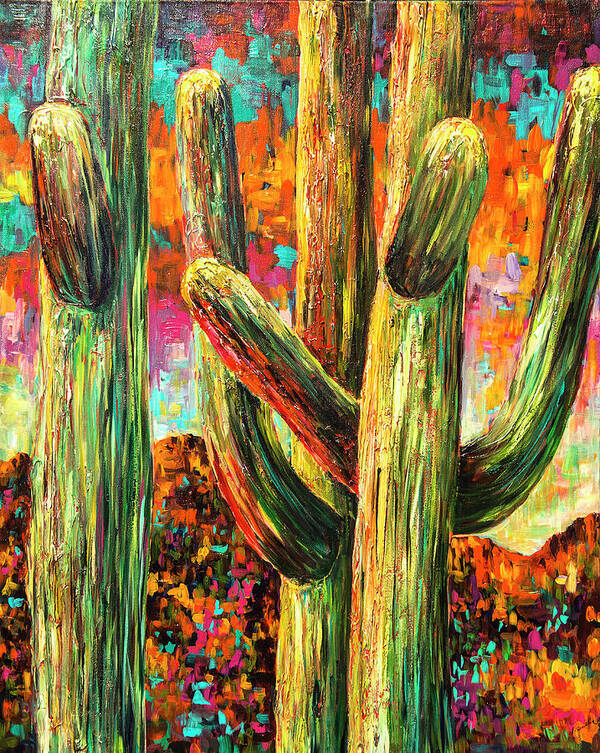 Saguaros Poster featuring the painting Saguaros at Sunset by Sally Quillin