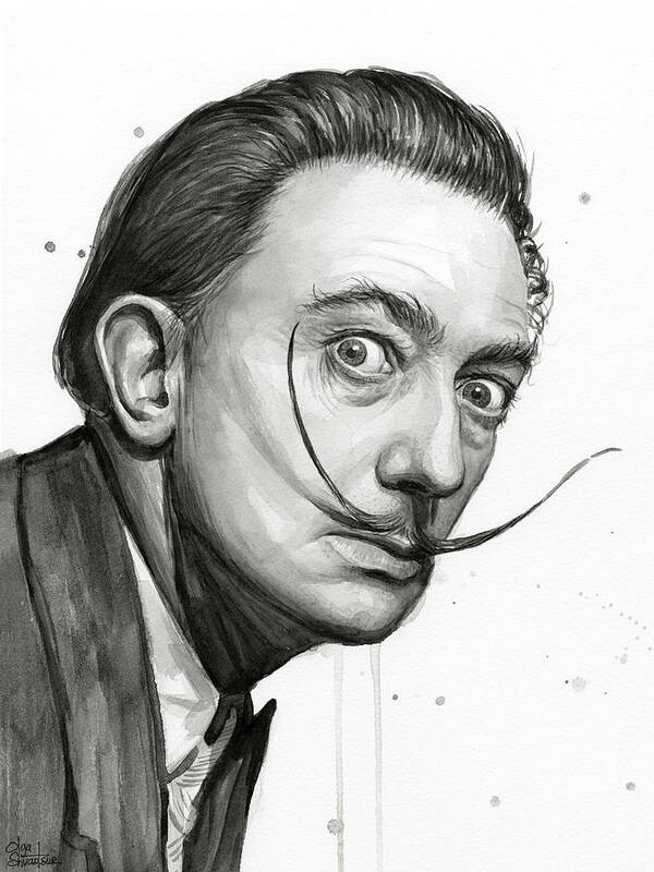 Salvador Dali Poster featuring the painting Salvador Dali Portrait Black and White Watercolor by Olga Shvartsur