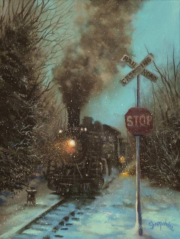Steam Engine Poster featuring the painting Snow and Steam by Tom Shropshire