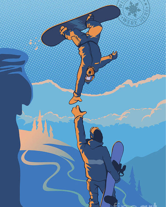 Snowboarding Poster featuring the painting Snowboard High Five by Sassan Filsoof