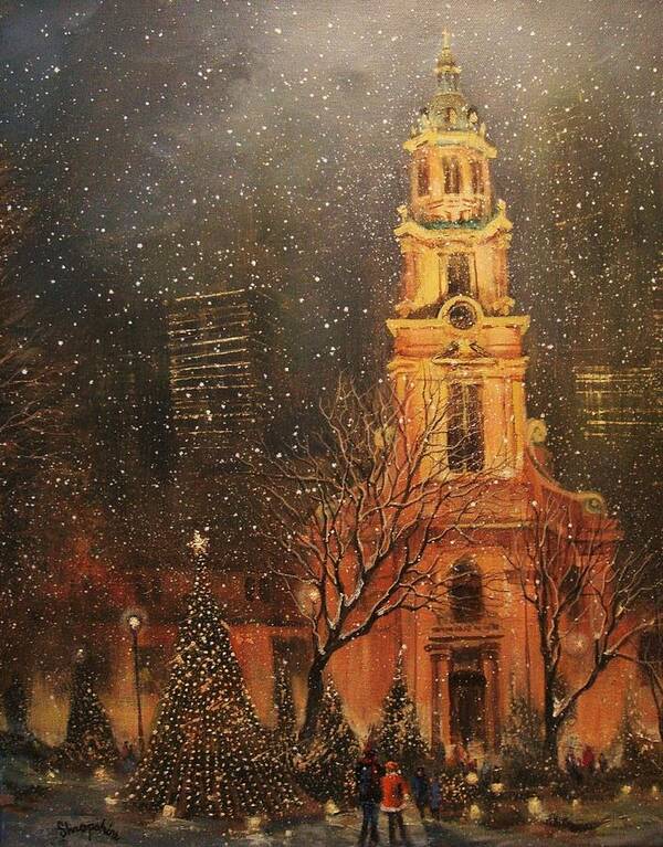 Cathedral Square Poster featuring the painting Snowfall in Cathedral Square - Milwaukee by Tom Shropshire