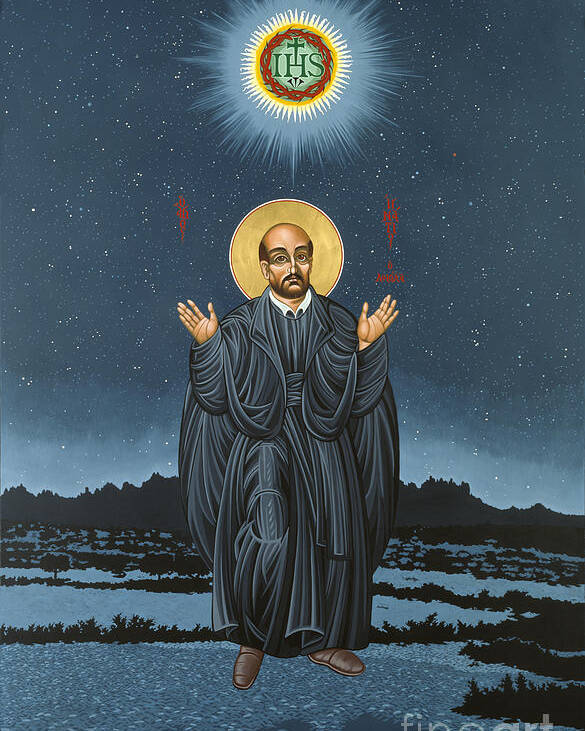 St. Ignatius Poster featuring the painting St. Ignatius in Prayer Beneath the Stars 137 by William Hart McNichols