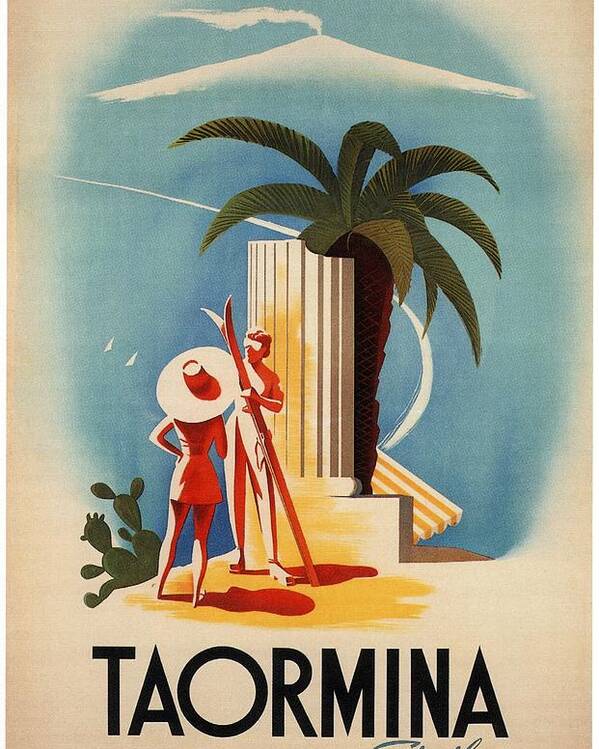 Taormina Poster featuring the mixed media Taormina, Sicily, Italy - Couples - Retro travel Poster - Vintage Poster by Studio Grafiikka