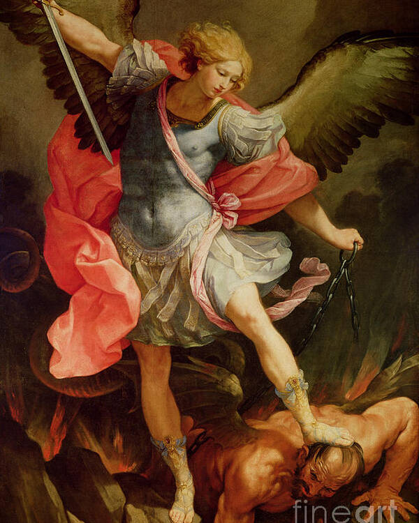 The Poster featuring the painting The Archangel Michael defeating Satan by Guido Reni