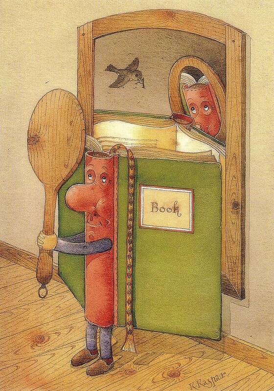 Book Mirror Bird Reading Poster featuring the painting The Book reading himself by Kestutis Kasparavicius
