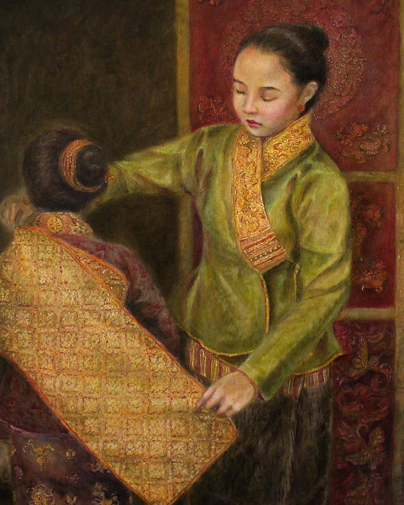 Lao Textile Poster featuring the painting The Gold Brocade by Sompaseuth Chounlamany
