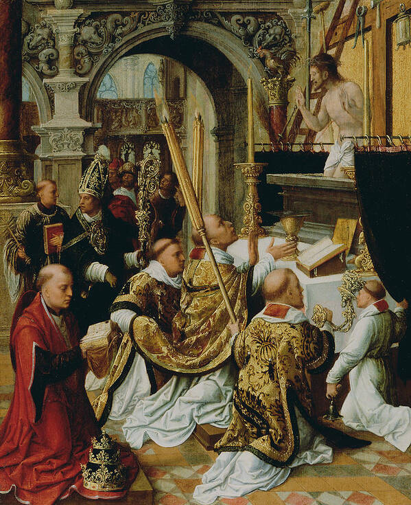 16th Century Art Poster featuring the painting The Mass of Saint Gregory the Great by Adriaen Isenbrandt