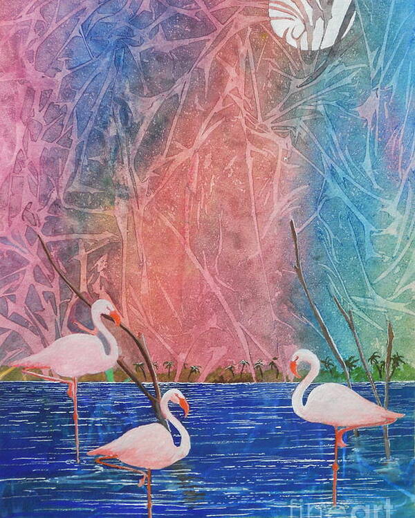 Flamingos Poster featuring the painting Three Pink Flamingos by Jackie Mueller-Jones