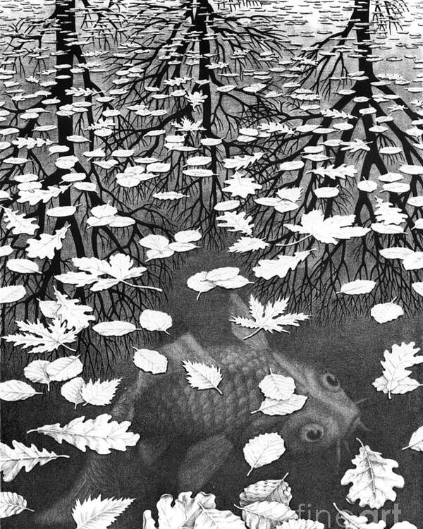  Poster featuring the drawing Three Worlds by MC Escher