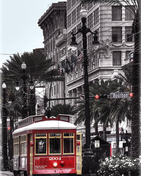 Nola Poster featuring the photograph Trolley on Bourbon and Canal by Tammy Wetzel