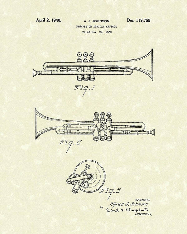 Johnson Poster featuring the drawing Trumpet 1940 Patent Art by Prior Art Design