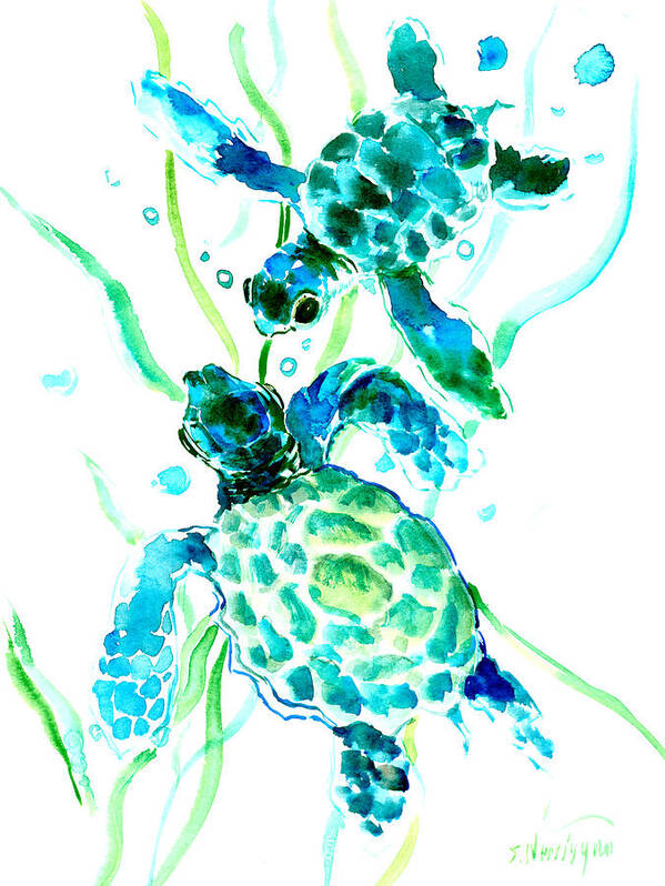 Sea Turtle Poster featuring the painting Turquoise Indigo Sea Turtles by Suren Nersisyan