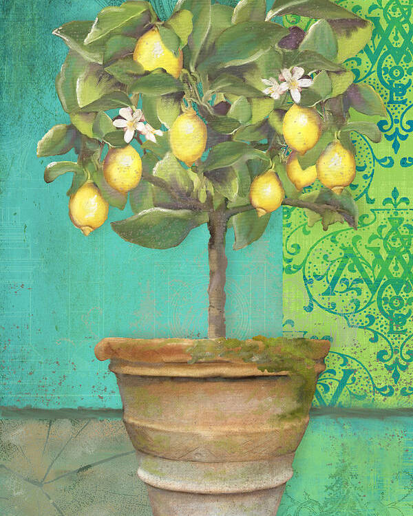 Tuscan Poster featuring the painting Tuscan Lemon Topiary - Damask Pattern 1 by Audrey Jeanne Roberts