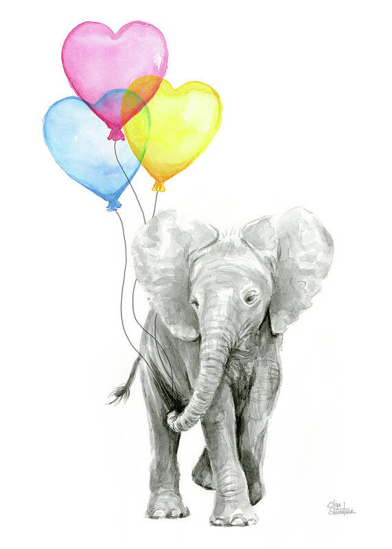 Elephant Poster featuring the painting Watercolor Elephant with Heart Shaped Balloons by Olga Shvartsur