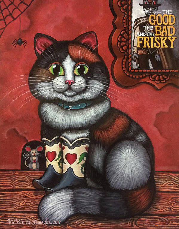 Cat Poster featuring the painting Western Boots Cat Painting by Victoria De Almeida