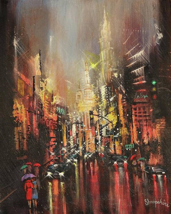 City Rain Poster featuring the painting Wet Streets by Tom Shropshire