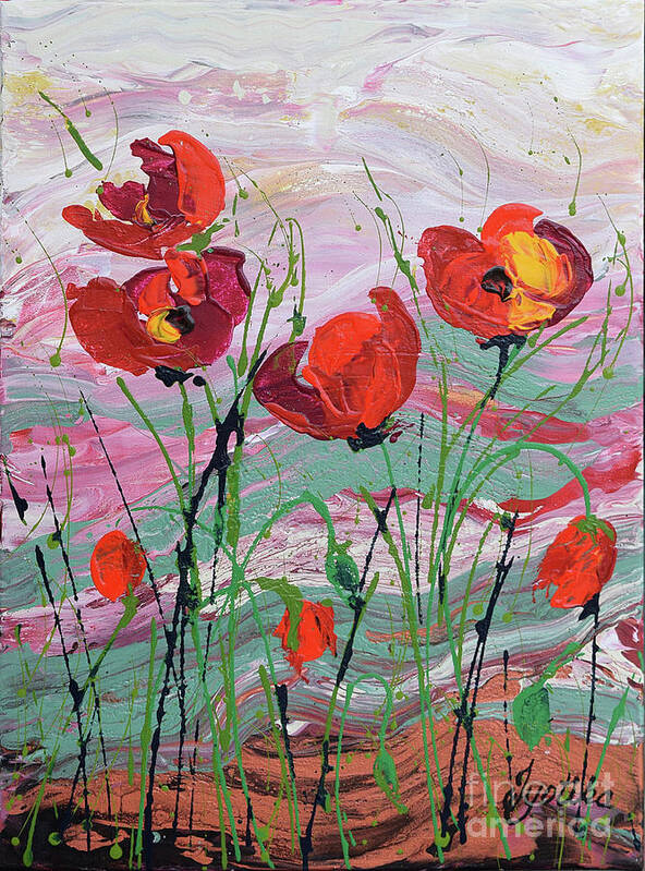 Wild Poppies - Triptych Poster featuring the painting Wild Poppies - 1 by Jyotika Shroff
