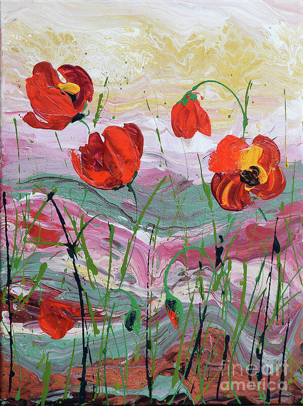 Wild Poppies - Triptych Poster featuring the painting Wild Poppies - 2 by Jyotika Shroff