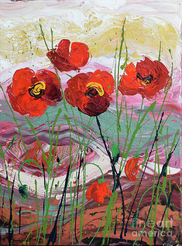 Wild Poppies - Triptych Poster featuring the painting Wild Poppies - 3 by Jyotika Shroff