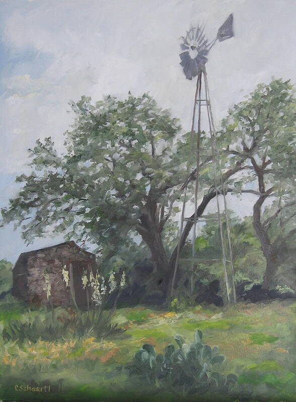 Texas Poster featuring the painting Windmill at Genhaven by Connie Schaertl