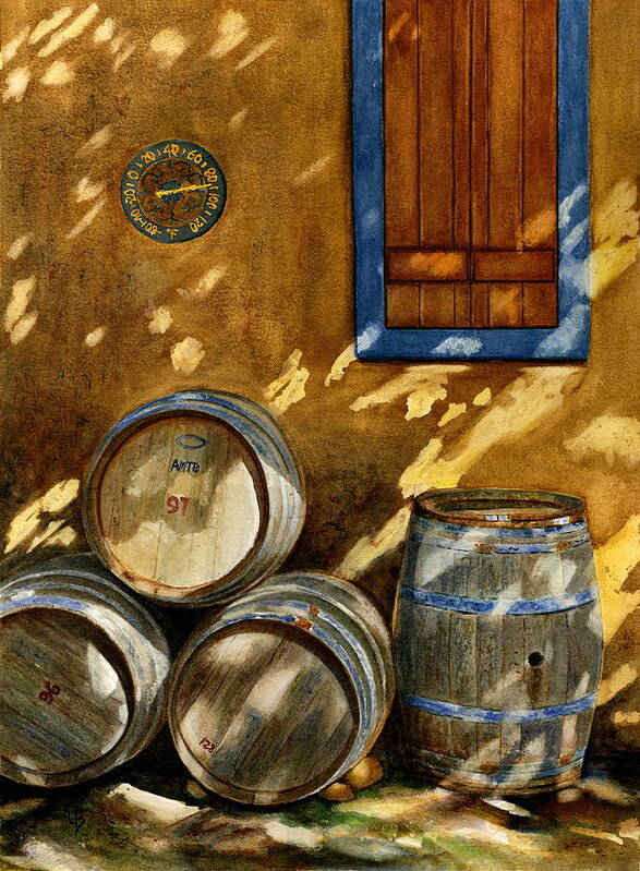 Wine Poster featuring the painting Wine Barrels by Karen Fleschler