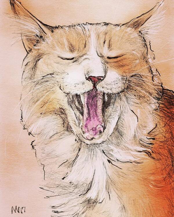 Cat Poster featuring the digital art Yawning Ginger Cat by AnneMarie Welsh