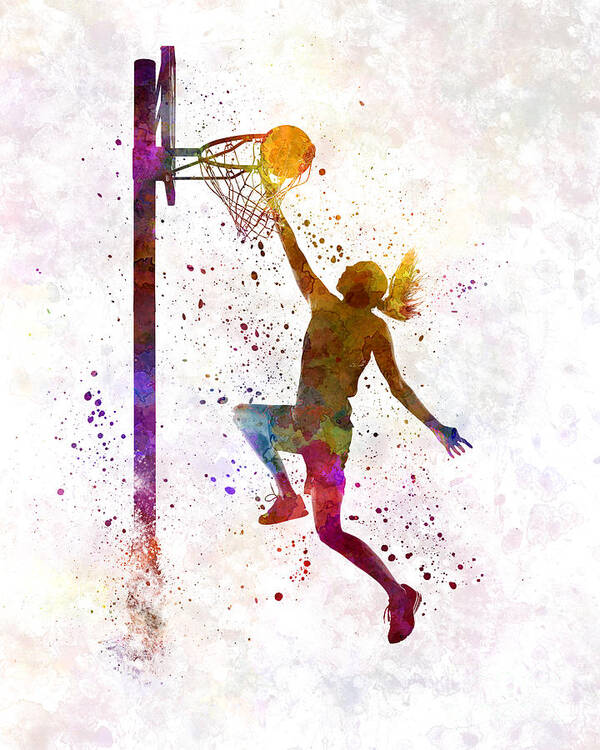Young Woman Player In Watercolor Poster featuring the painting Young woman basketball player 04 in watercolor by Pablo Romero