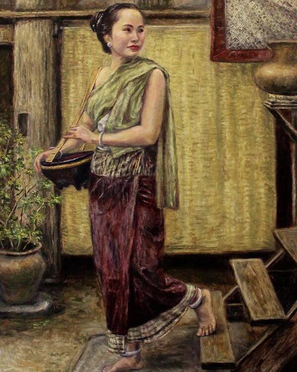 Lao Woman Poster featuring the painting Young Woman Going to the Market by Sompaseuth Chounlamany