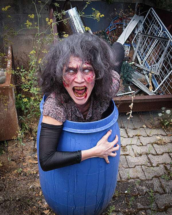 Zombie Poster featuring the photograph Zombie in barrel by Matthias Hauser