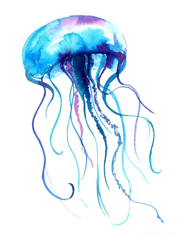 Deep Poster featuring the digital art Jellyfish Watercolor Illustration by Anna Kutukova