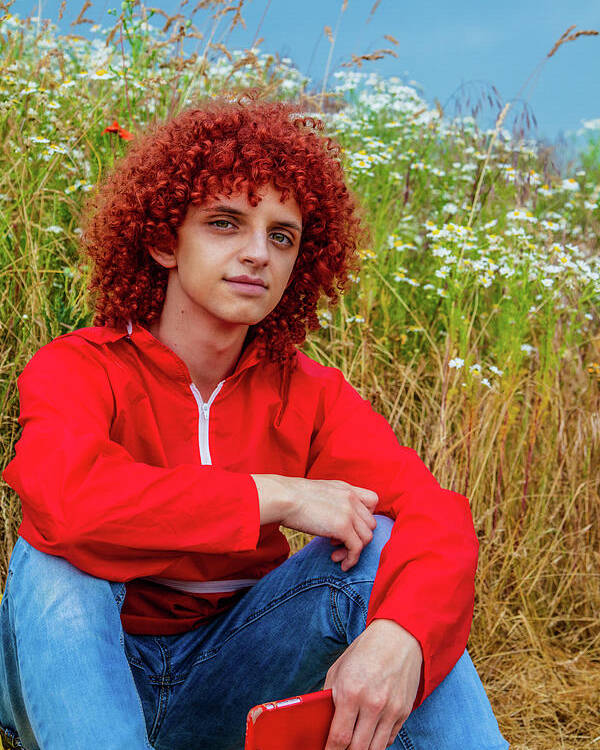 Young Guy With Red Curly Hair In 80s Red Sports Suit And Mobile Poster by  Cavan Images - Fine Art America