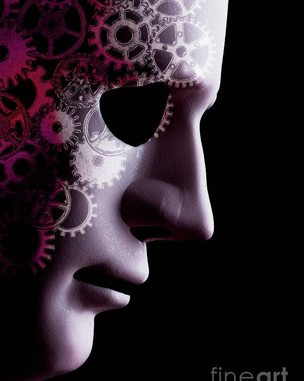 Mask Poster featuring the photograph A.I. robotic face close up with cogs by Simon Bratt