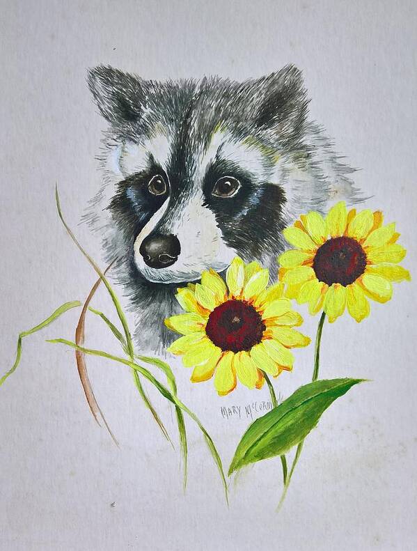 Raccoons Poster featuring the painting Bandit and the Sunflowers by ML McCormick