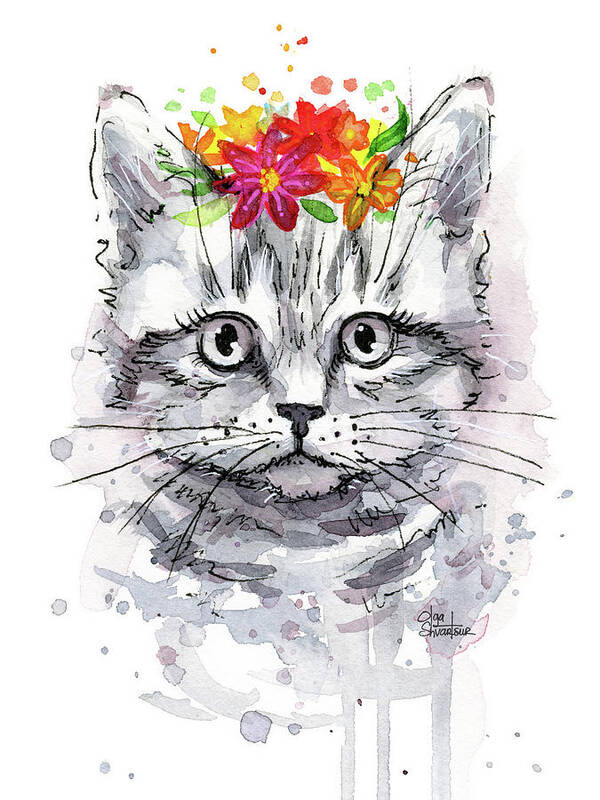 Cat Poster featuring the painting Cat with Flowers by Olga Shvartsur
