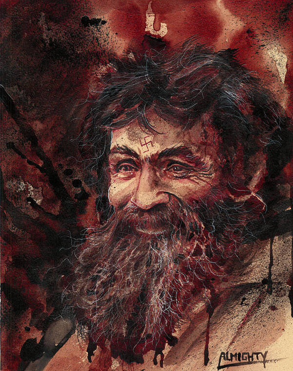 Ryan Almighty Poster featuring the painting CHARLES MANSON portrait dry blood by Ryan Almighty