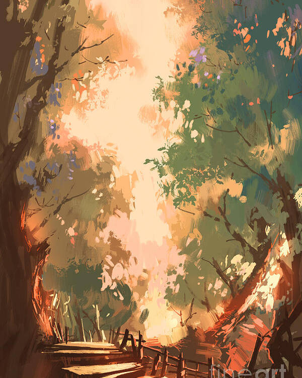 Art Poster featuring the digital art Colorful Forest Background by Tithi Luadthong