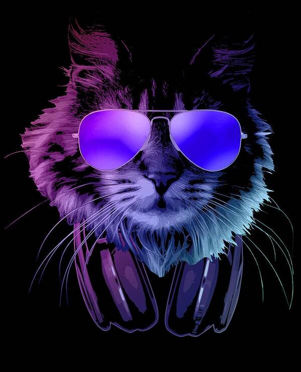 Cat Poster featuring the digital art Cool DJ Furry Cat In Neon Lights by Filip Schpindel