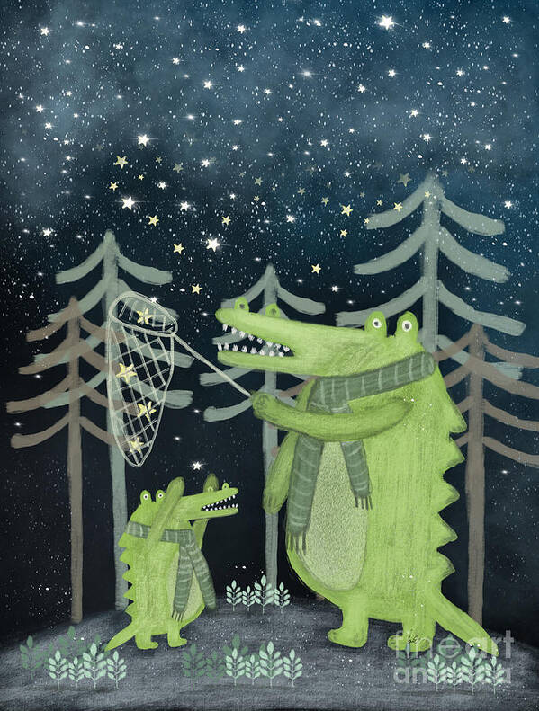 Nursery Wall Art Poster featuring the painting Crocodoodle Stars by Bri Buckley