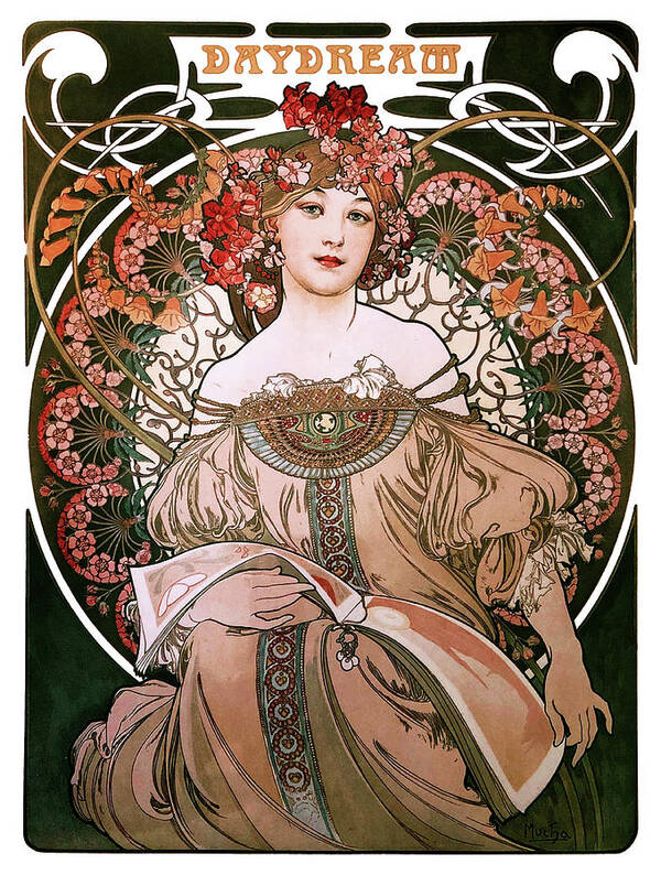 Daydream Poster featuring the painting Daydream by Alphonse Mucha White Background by Rolando Burbon