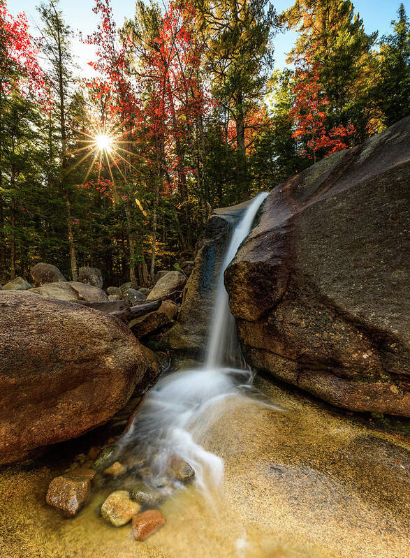 Waterfall; New Hampshire; New England; Diana's Baths; Fall; Falls; Sunstar; Trees; Sunrise; Long Exposure; Motion; Rocks; Flow; Mood; Autumn; Leaves; Colors; Rob Davies; Photography Poster featuring the photograph Diana's Baths by Rob Davies