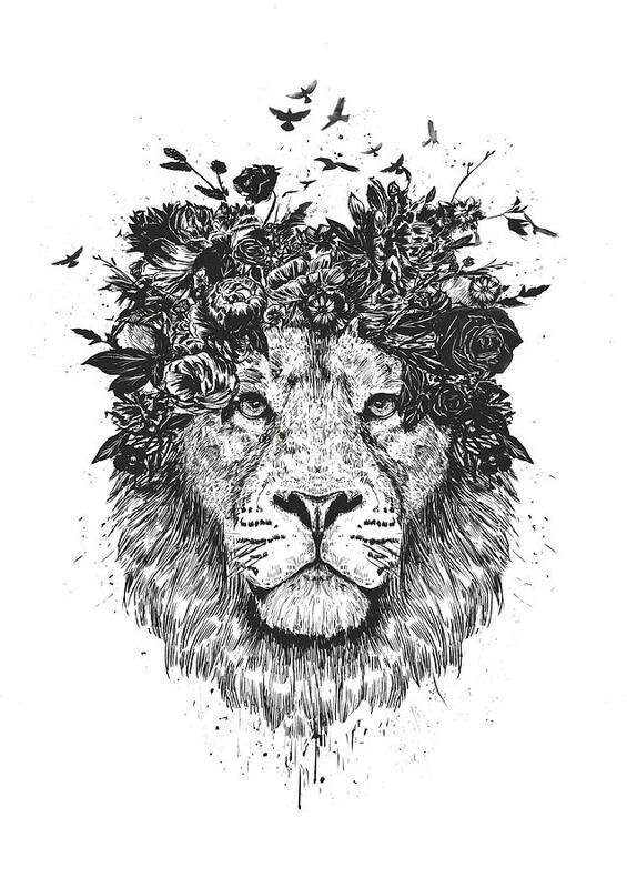 Lion Poster featuring the drawing Floral lion by Balazs Solti
