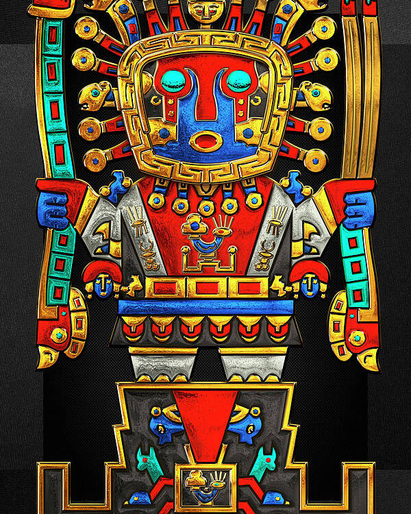 Treasures Of Pre-columbian America’ Collection By Serge Averbukh Poster featuring the digital art Incan Gods - The Great Creator Viracocha on Black Canvas by Serge Averbukh