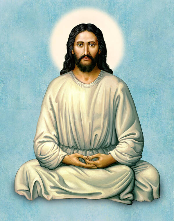Jesus Poster featuring the painting Jesus Meditating - The Christ of India - on Blue by Sacred Visions