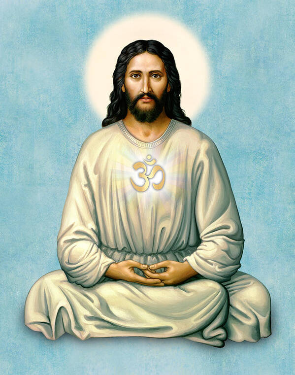 Jesus Poster featuring the painting Jesus Meditating with OM on Blue by Sacred Visions