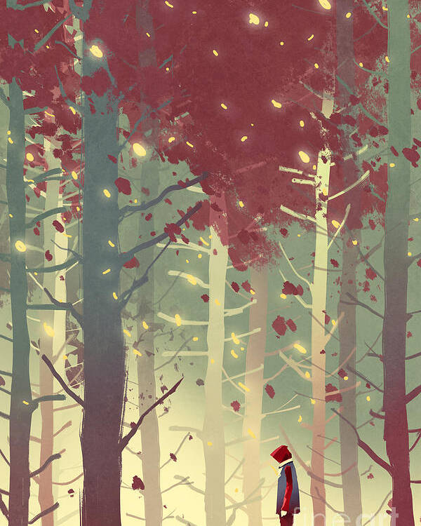 Art Poster featuring the digital art Man Standing In Beautiful Forest by Tithi Luadthong